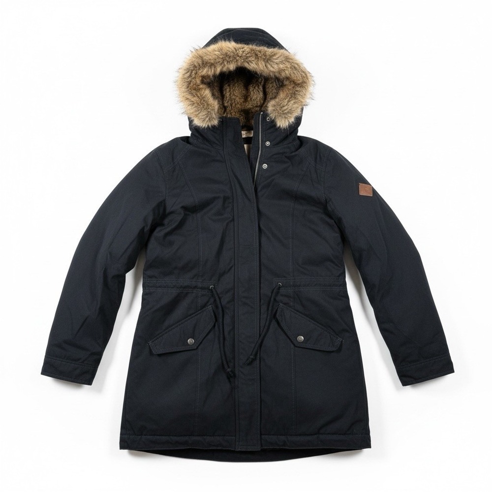 Hollister Women's Black Hooded Parka Faux Fur Lined Jacket Y2K 2008 Large